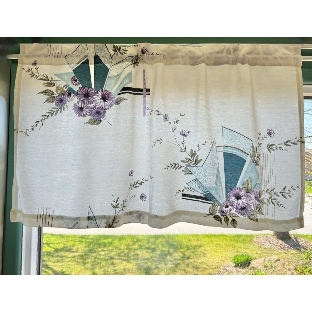 Vintage 1950s curtain, cream, purple blue floral abstract pattern, single panel